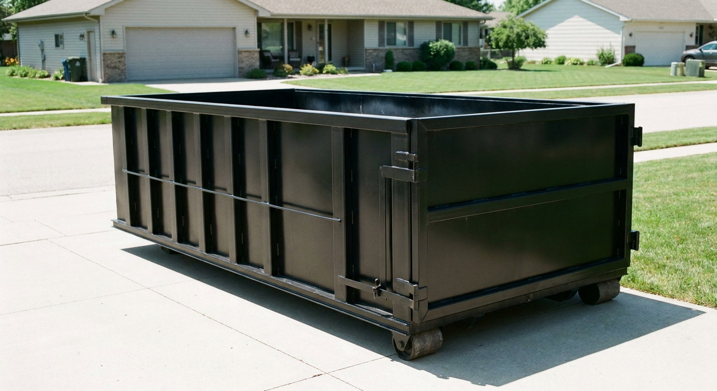 Matte-black 10-yard roll-off dumpster on a residential concrete driveway in Simi Valley, uniformly painted matte black across every panel and rail, ribbed steel sidewalls and rear swing door visible, mid-day daylight.