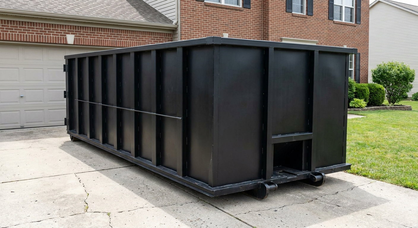 Matte-black 20-yard roll-off container on a Simi Valley residential concrete driveway with reinforced ribbed steel sidewalls and a hinged rear walk-in door, clean bright daylight.
