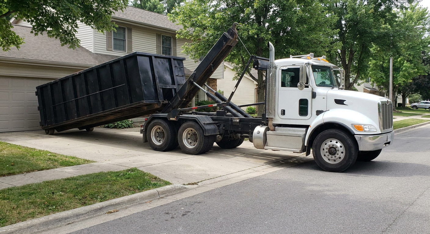 White-cab hooklift roll-off truck actively lowering a matte-black dumpster onto a Simi Valley residential concrete driveway, the dumpster's rear wheels touching the driveway as the hoist arm tilts the bed forward, mid-morning daylight.